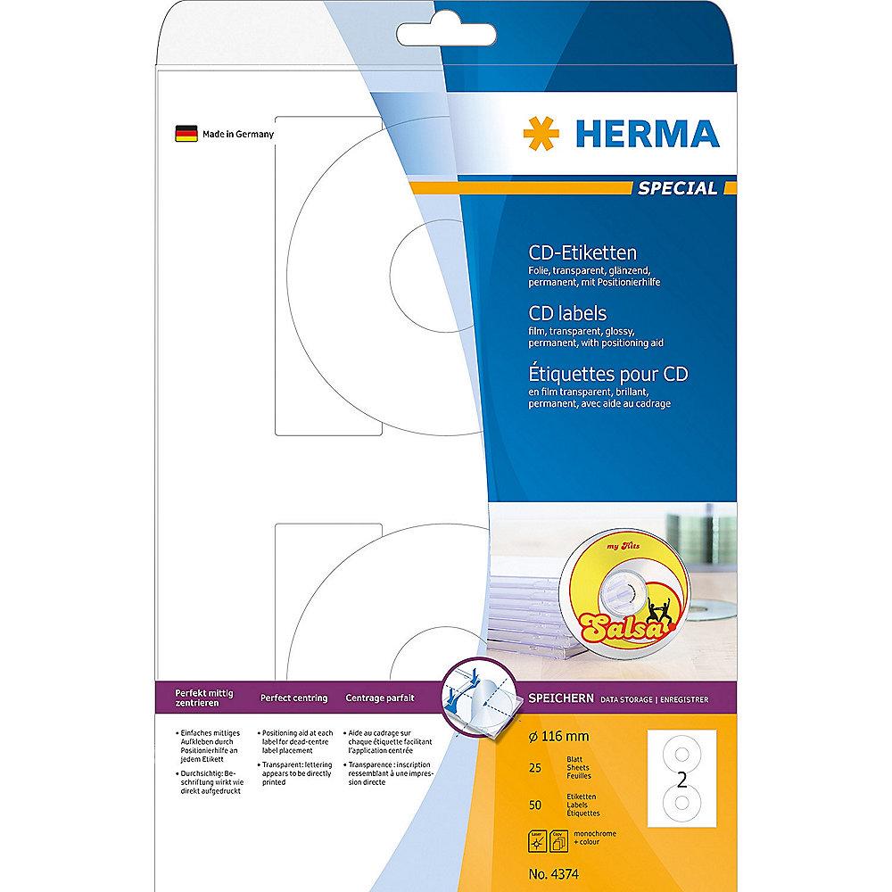 HERMA 4374 CD-Etiketten A4 Ø 116 mm transparent Folie glänzend 50 St.
