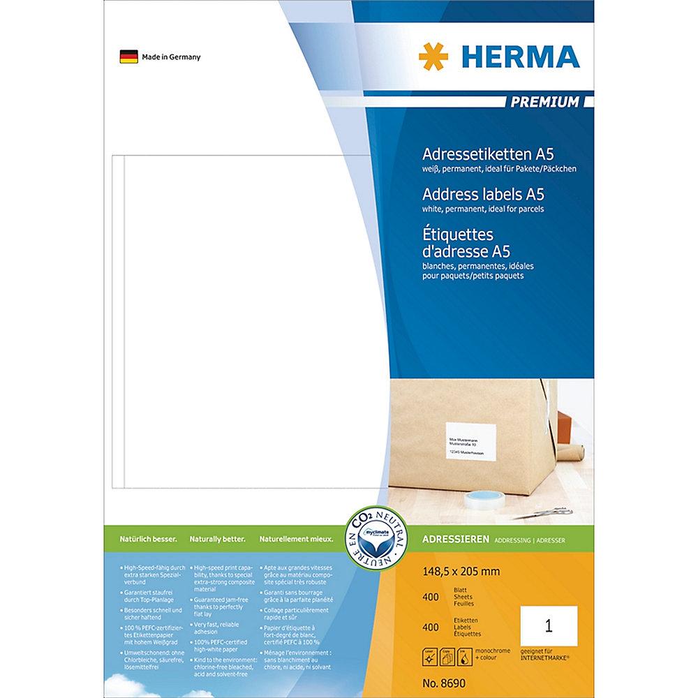 HERMA 8690 Adressetiketten Premium A5, weiß 148,5x205 mm Papier matt 400 St., HERMA, 8690, Adressetiketten, Premium, A5, weiß, 148,5x205, mm, Papier, matt, 400, St.