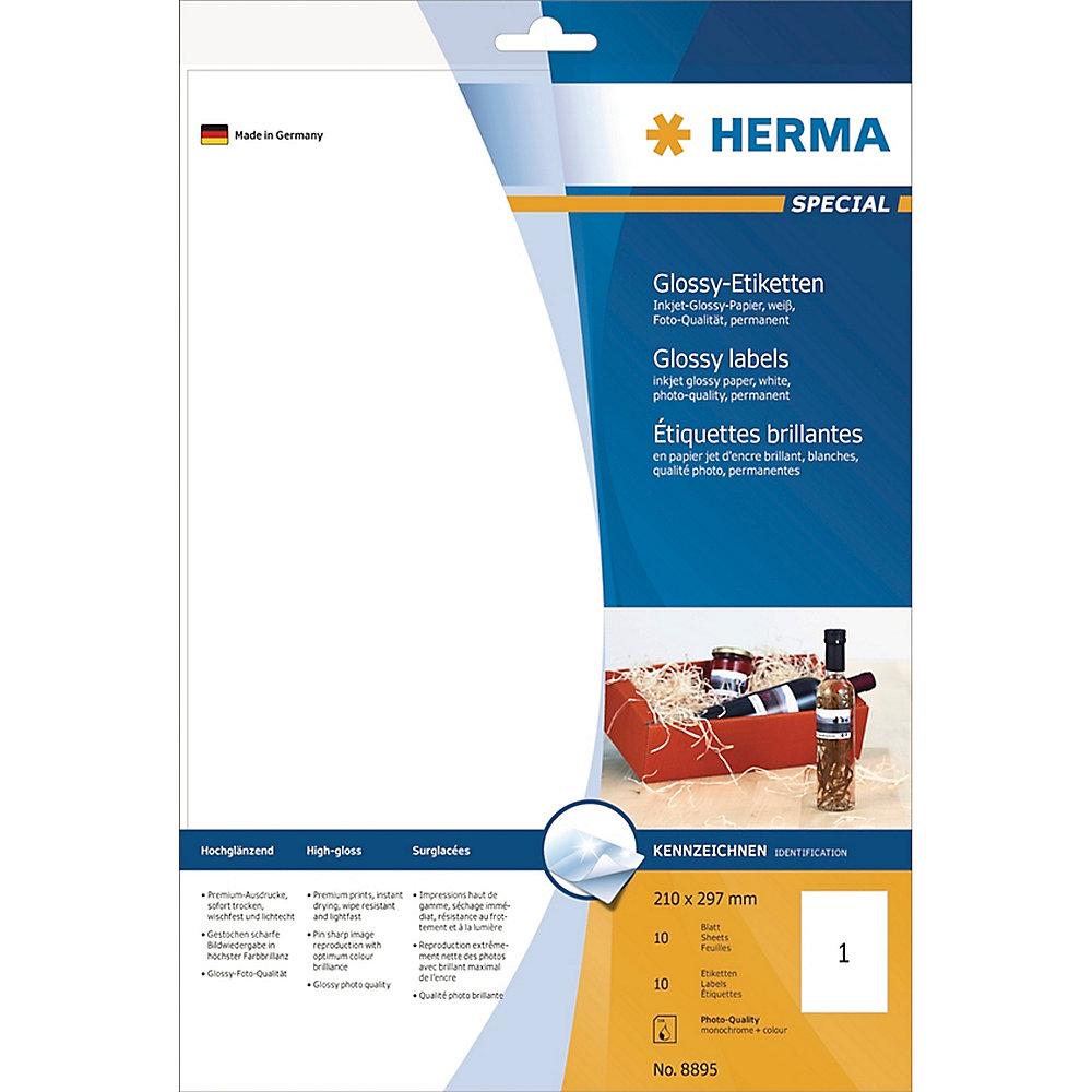 HERMA 8895 Inkjet-Etiketten A4 weiß 210x297 mm Papier glänzend 10 St., HERMA, 8895, Inkjet-Etiketten, A4, weiß, 210x297, mm, Papier, glänzend, 10, St.