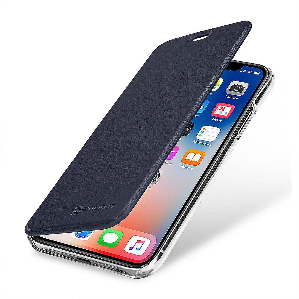 StilGut Book Type mit NFC/RFID Blocker für Apple iPhone X, dunkelblau/transp.